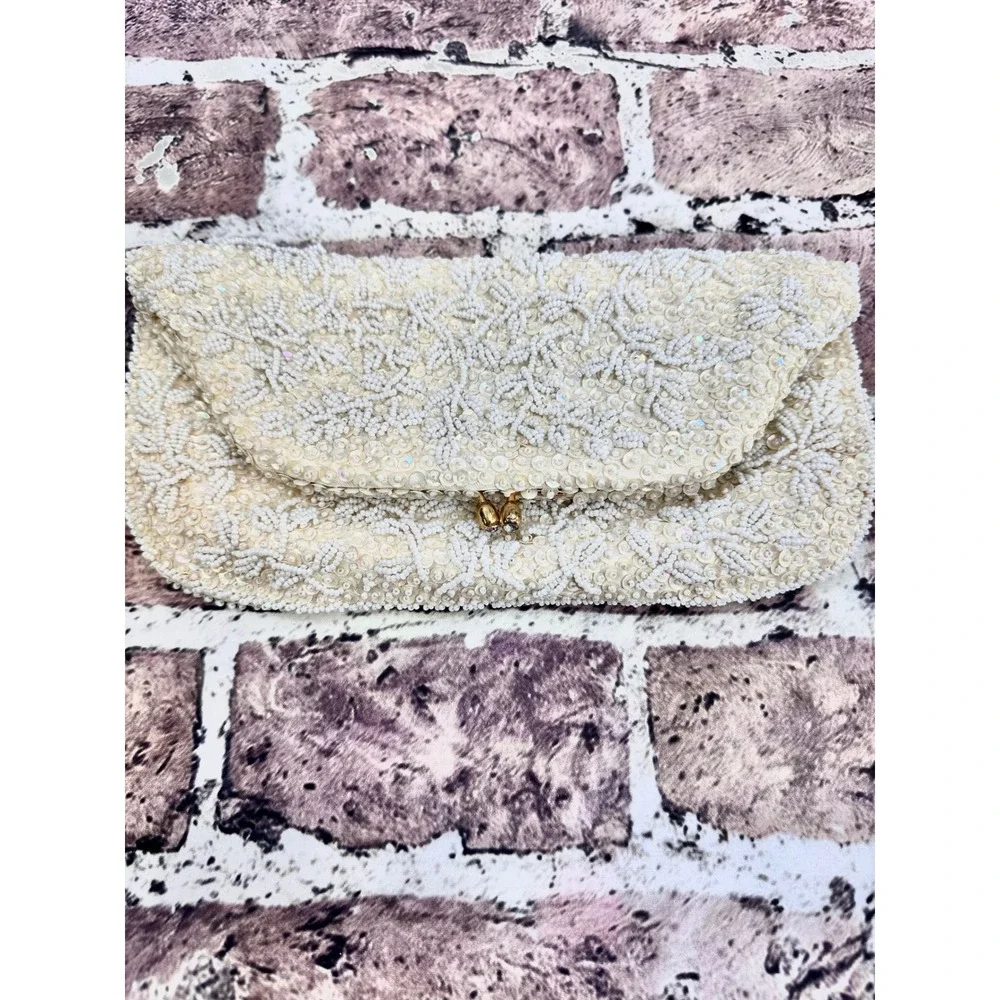 Vintage Vintage La Regale Beaded Evening Clutch Cream White Sequins Rhinestones